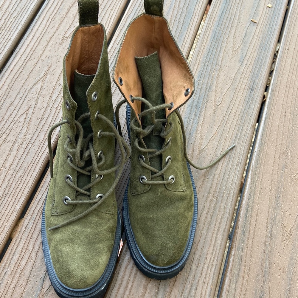 Green suede Madewell Rayna boots.